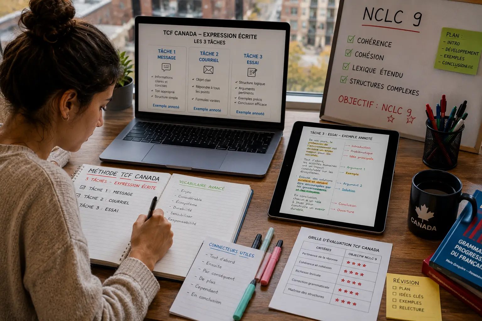 Maîtriser les 3 Tâches de l'Expression Écrite TCF Canada : Méthode Complète avec Exemples Annotés pour NCLC 9